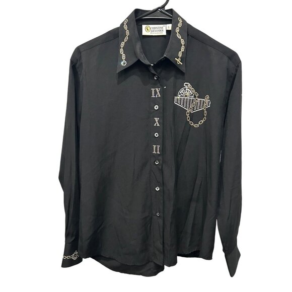 Vintage Christine Alexander Small Black Button-Up Shirt Watch Chain Embroidered - Picture 1 of 10